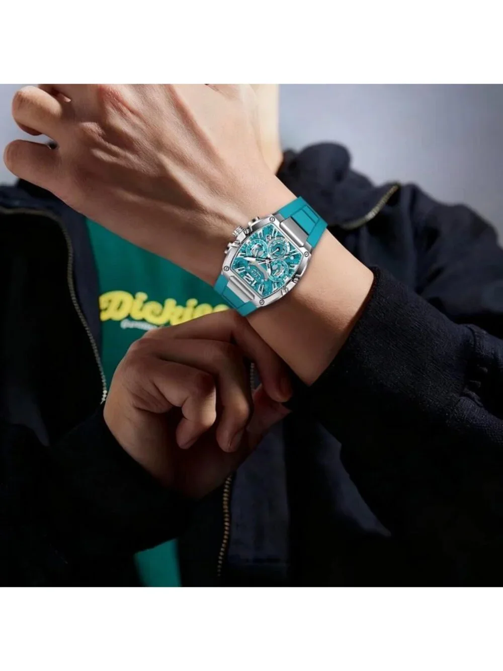 Men's Turquoise and Silver Square Chronograph Stainless Steel Quartz Wrist Watch